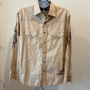 RU Resistol University Fit Shirt Brown Tribal Embroidered Western Long Sleeve LG